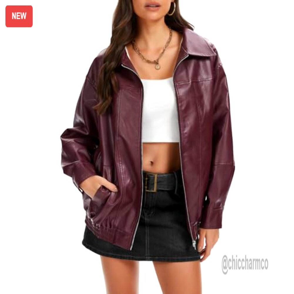 Oversized Faux Leather Bomber Jacket Motorcycle Style Zip Up Coat - Picture 3 of 7